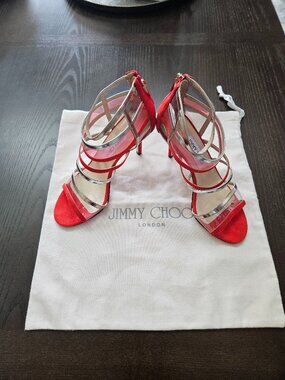 Jimmy Chou Maitai Multi Color Sandals Heels Suede Red Size 37